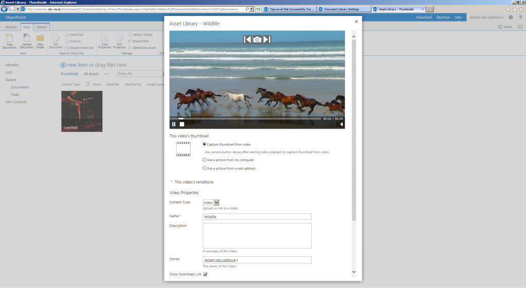 The upload video screen shows the option to select a thumbnail directly from video, image or web address.