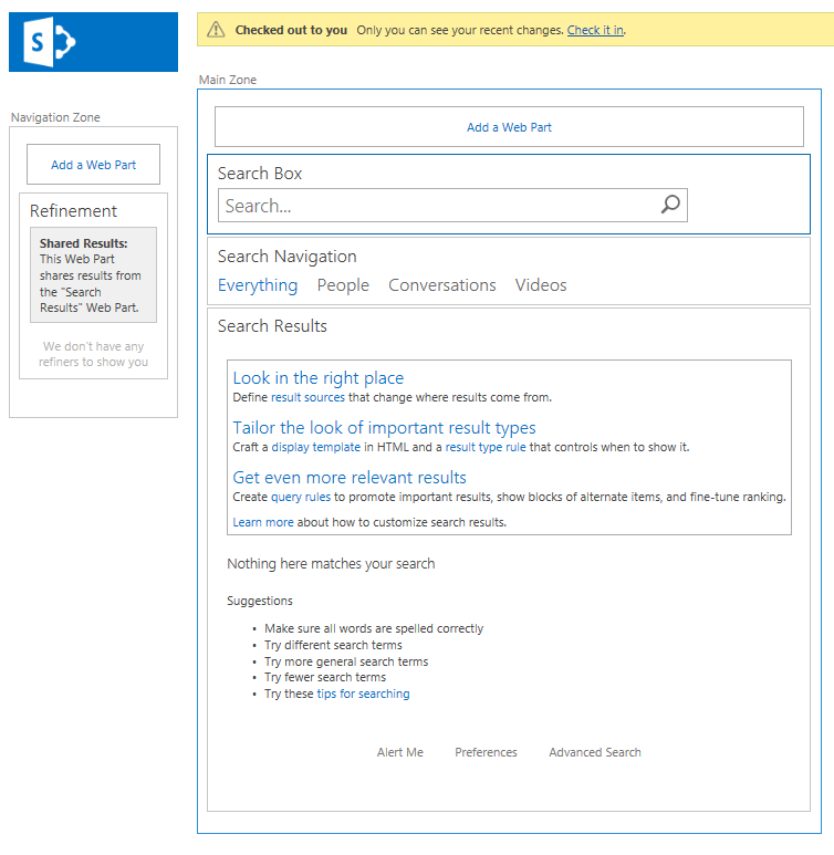 The Search Results Page in SharePoint 2013 contains only a few Web Parts.